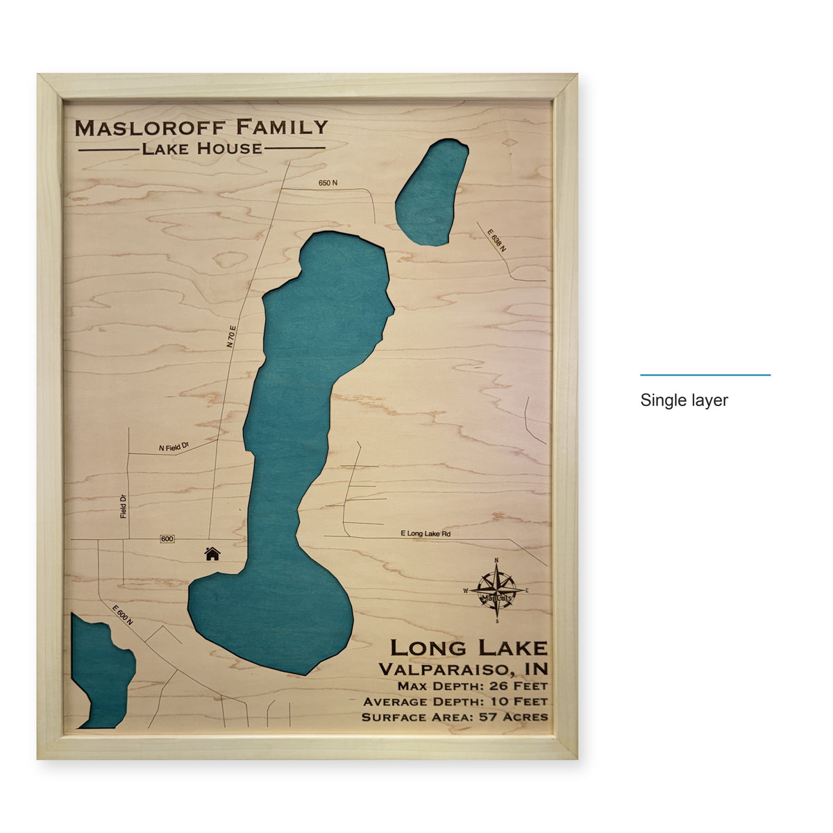 Long Lake, Valparaiso, Indiana Wood Map — style-labeled photo [MC20261006 q0605 51907169b2c9]