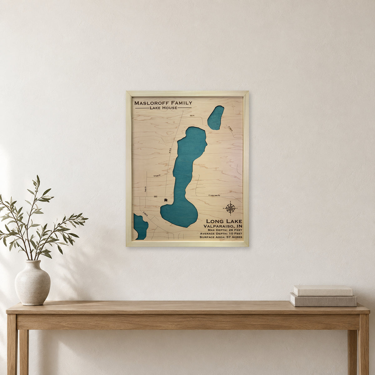 Long Lake, Valparaiso, Indiana Wood Map — room mockup [MC20261006 q0605 41d353ea49d2]