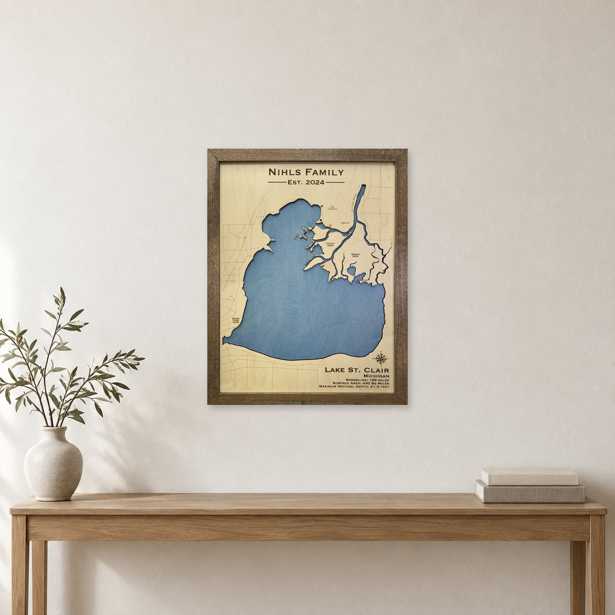 Lake St Clair, Michigan Wood Map — room mockup [MC20261006 q0611 8f32627217b6]