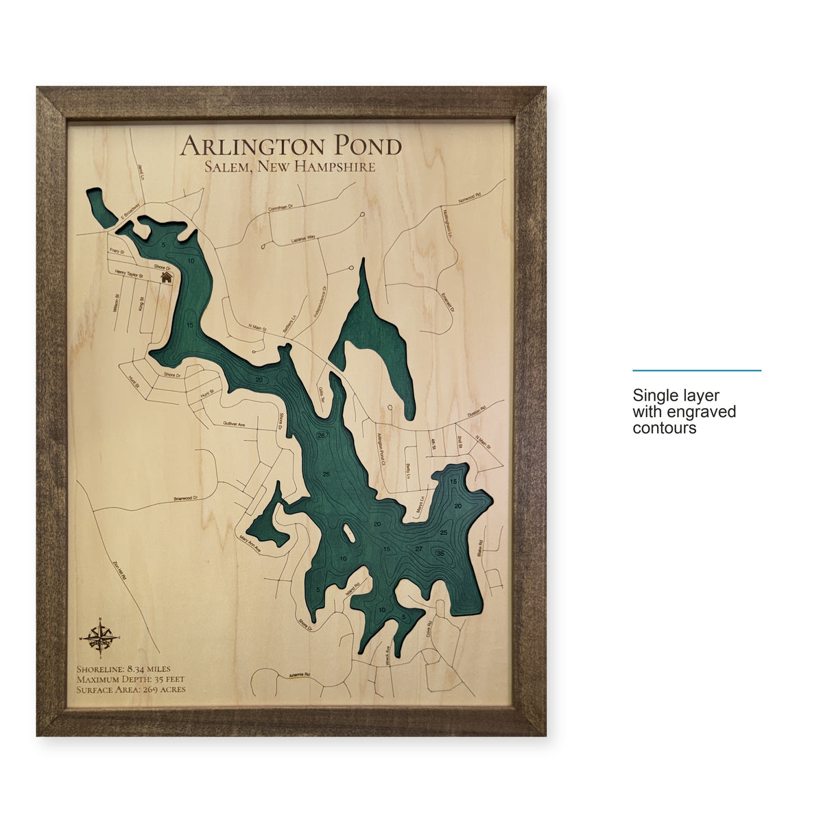 Arlington Pond, Salem, New Hampshire Wood Map — style-labeled photo [MC20261006 q0612 40e45cca4119]