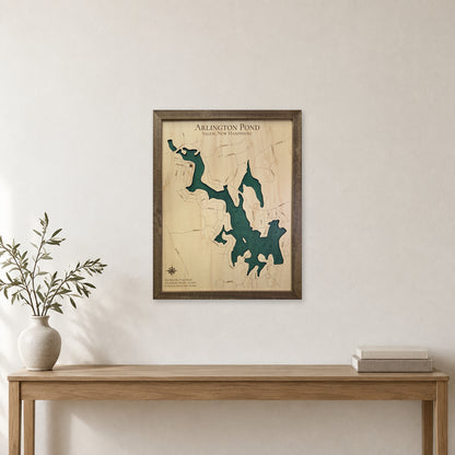 Arlington Pond, Salem, New Hampshire Wood Map — room mockup [MC20261006 q0612 dd7e46b0e8eb]