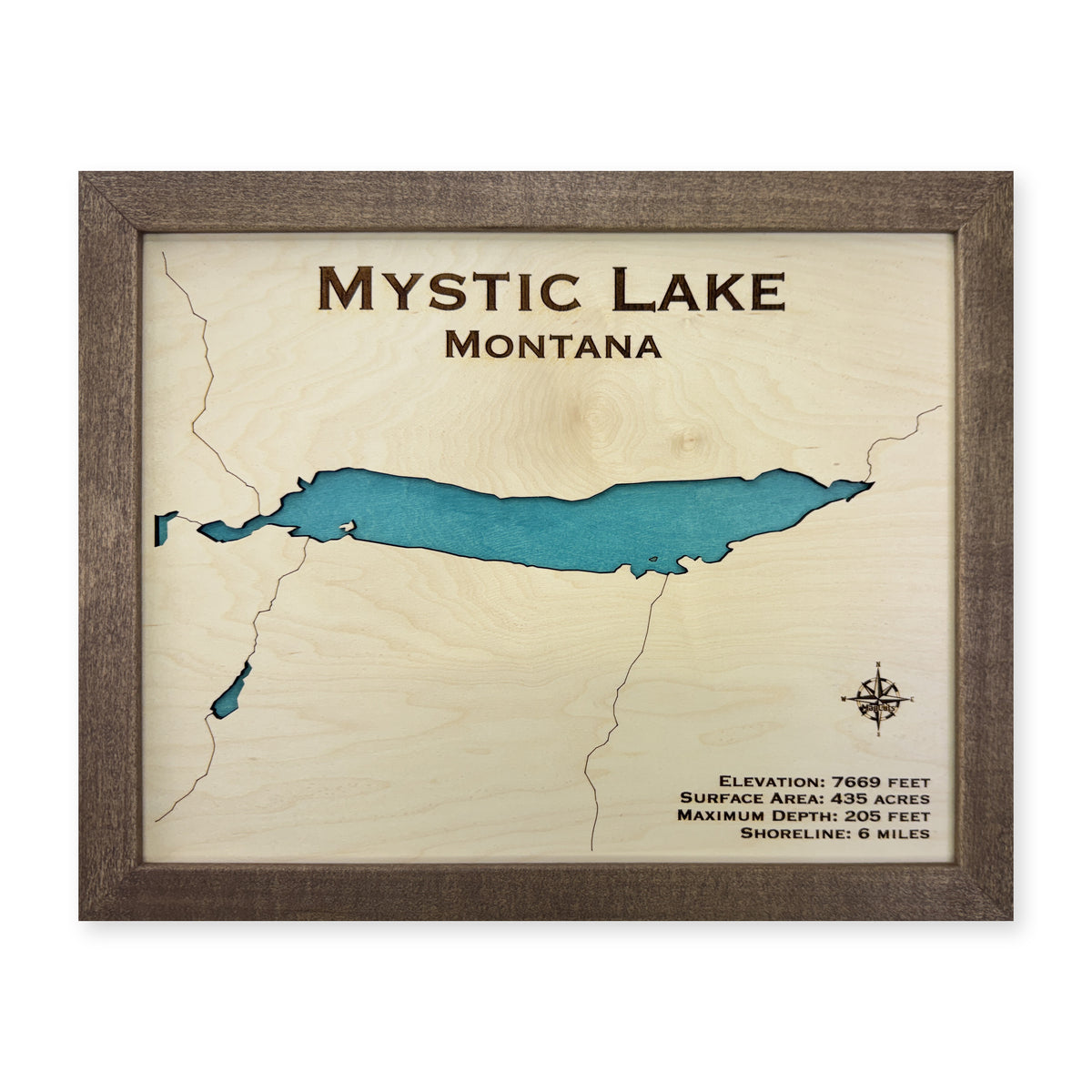 Mystic Lake, Montana Wood Map — plain-background photo [MC20261006 q0626 4ecaf0a58484]