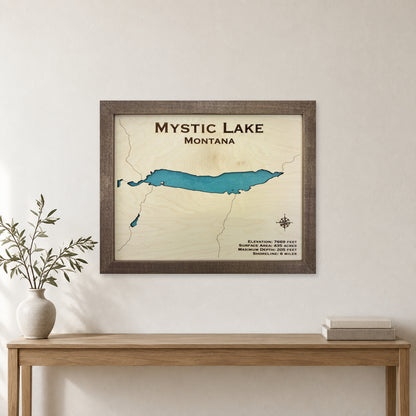 Mystic Lake, Montana Wood Map — room mockup [MC20261006 q0626 b7243c8ae990]