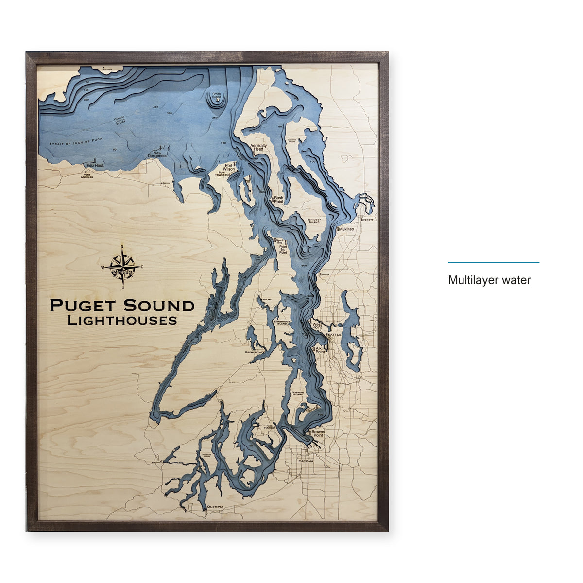 Puget Sound Lighthouses Wood Map — style-labeled photo [MC20261006 q0633 1f74854767bc]