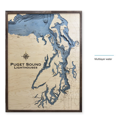 Puget Sound Lighthouses Wood Map — style-labeled photo [MC20261006 q0633 1f74854767bc]