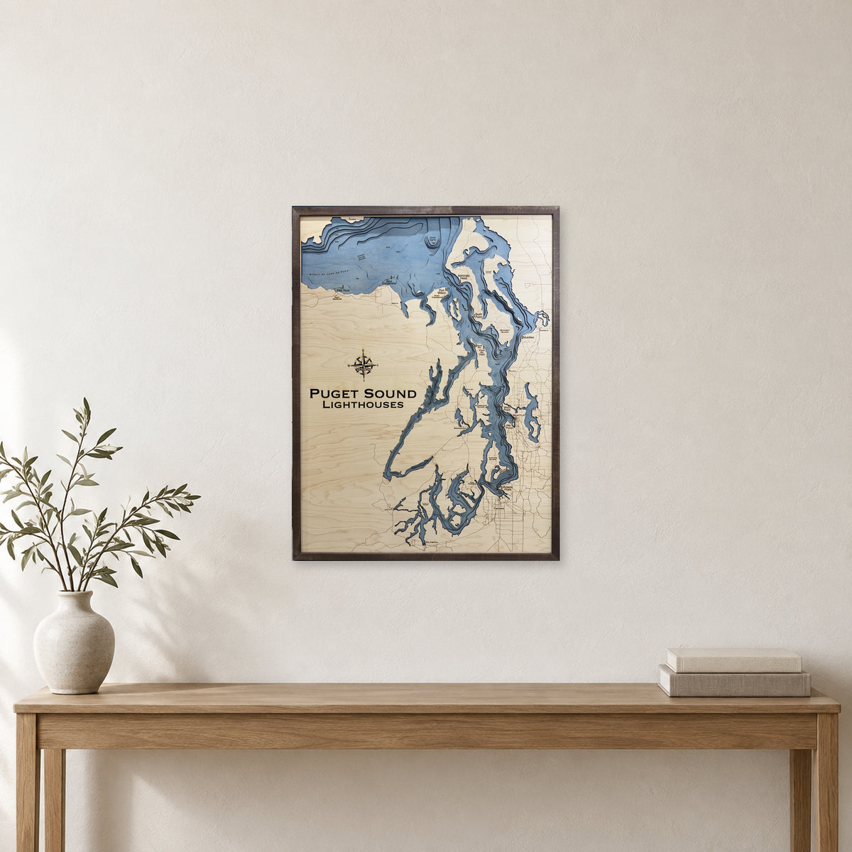 Puget Sound Lighthouses Wood Map — room mockup [MC20261006 q0633 81f740079794]