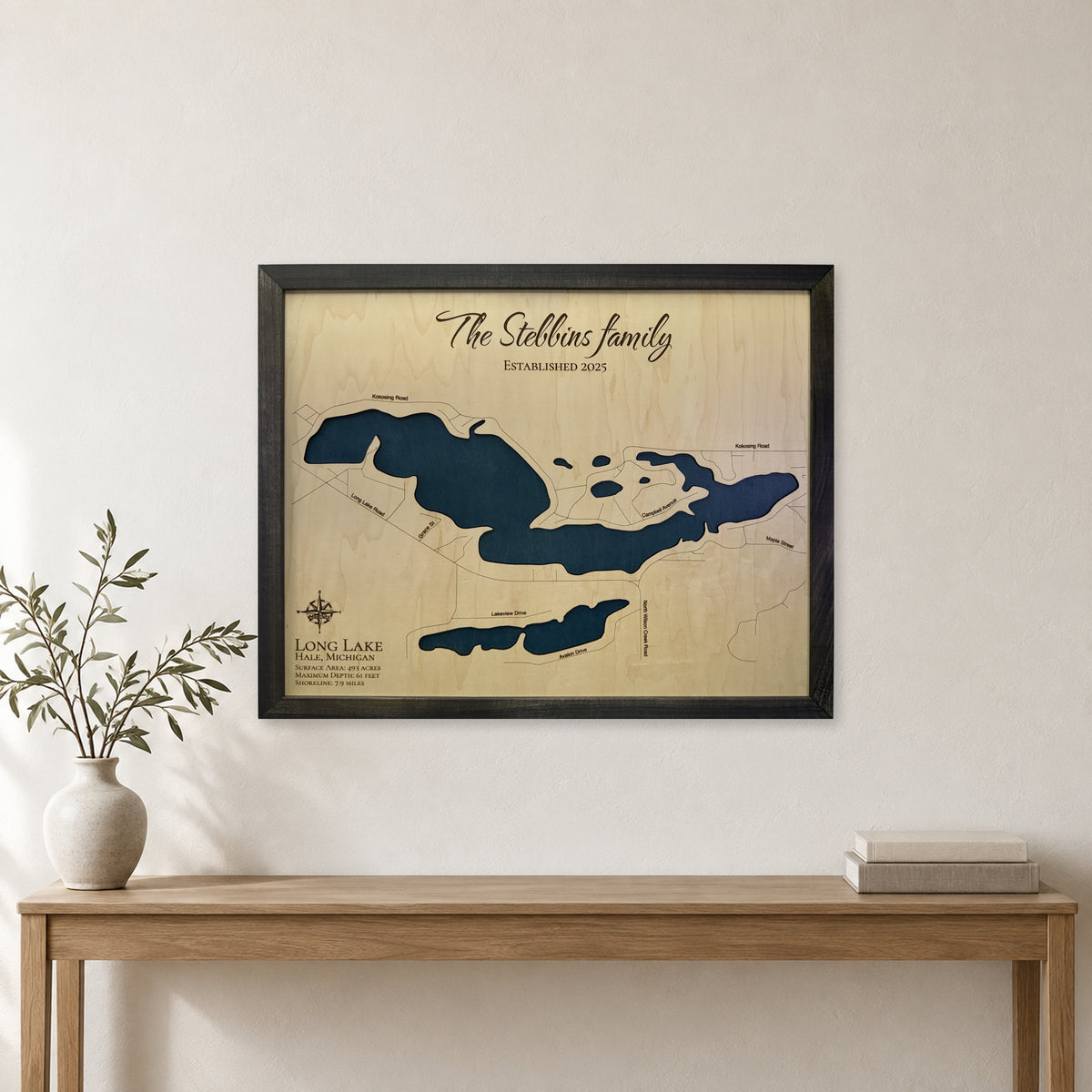 Long Lake, Hale, Michigan Wood Map — room mockup [MC20261006 q0651 9794a2de0f06]