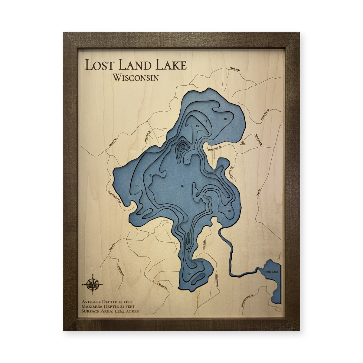 Lost Land Lake, Wisconsin Wood Map — plain-background photo [MC20261006 q0661 6c203c638856]