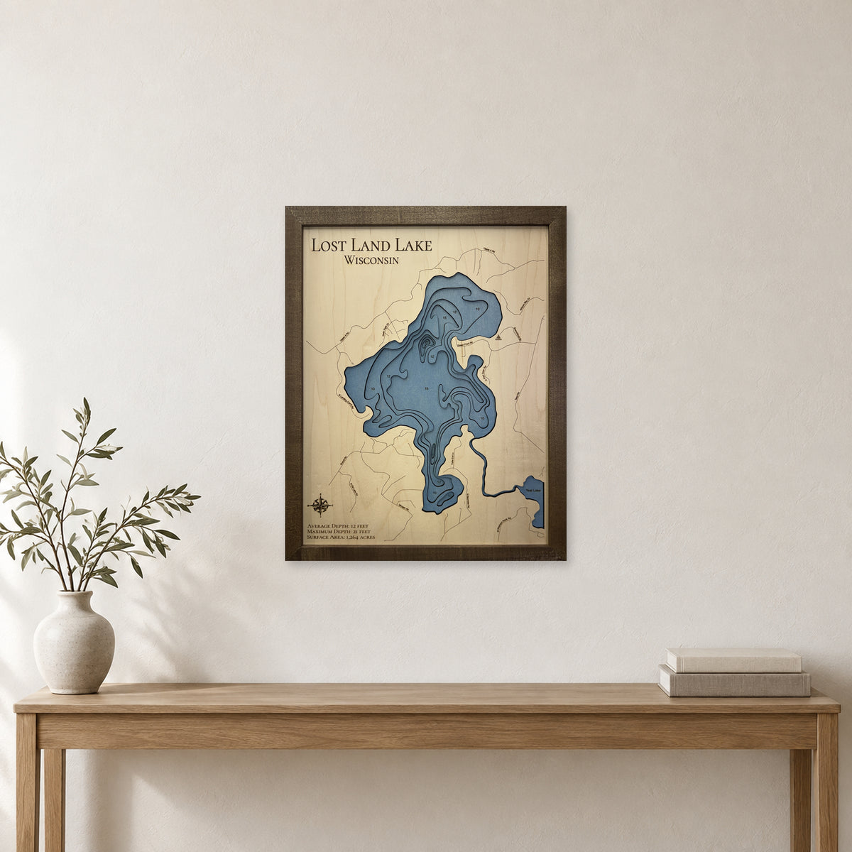 Lost Land Lake, Wisconsin Wood Map — room mockup [MC20261006 q0661 ec55349a61f1]