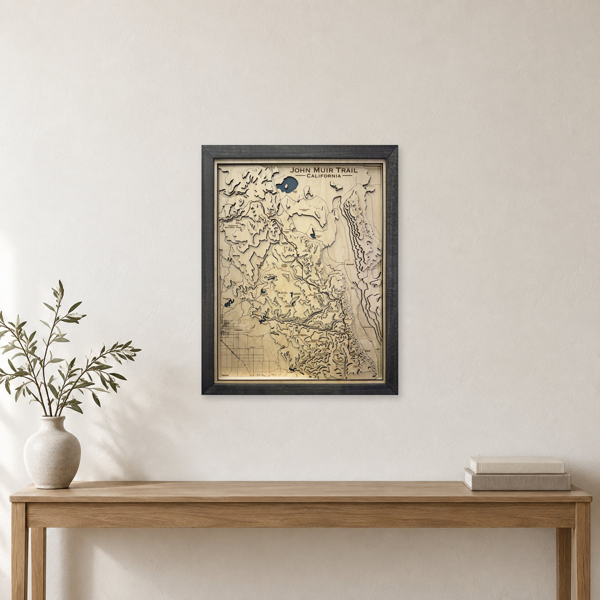 John Muir Trail, California Topographic Wood Map — room mockup [MC20261006 q0662 c1f2d02a6c44]