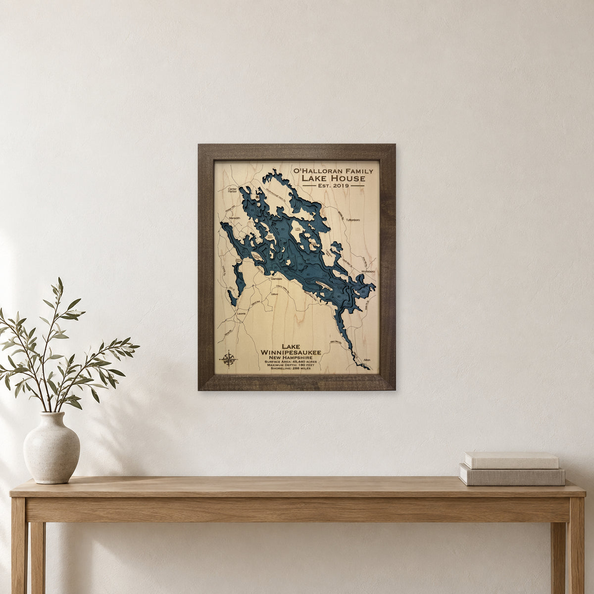 Lake Winnipesaukee Wood Map — room mockup [MC20261006 q0699 9b998b405f15]