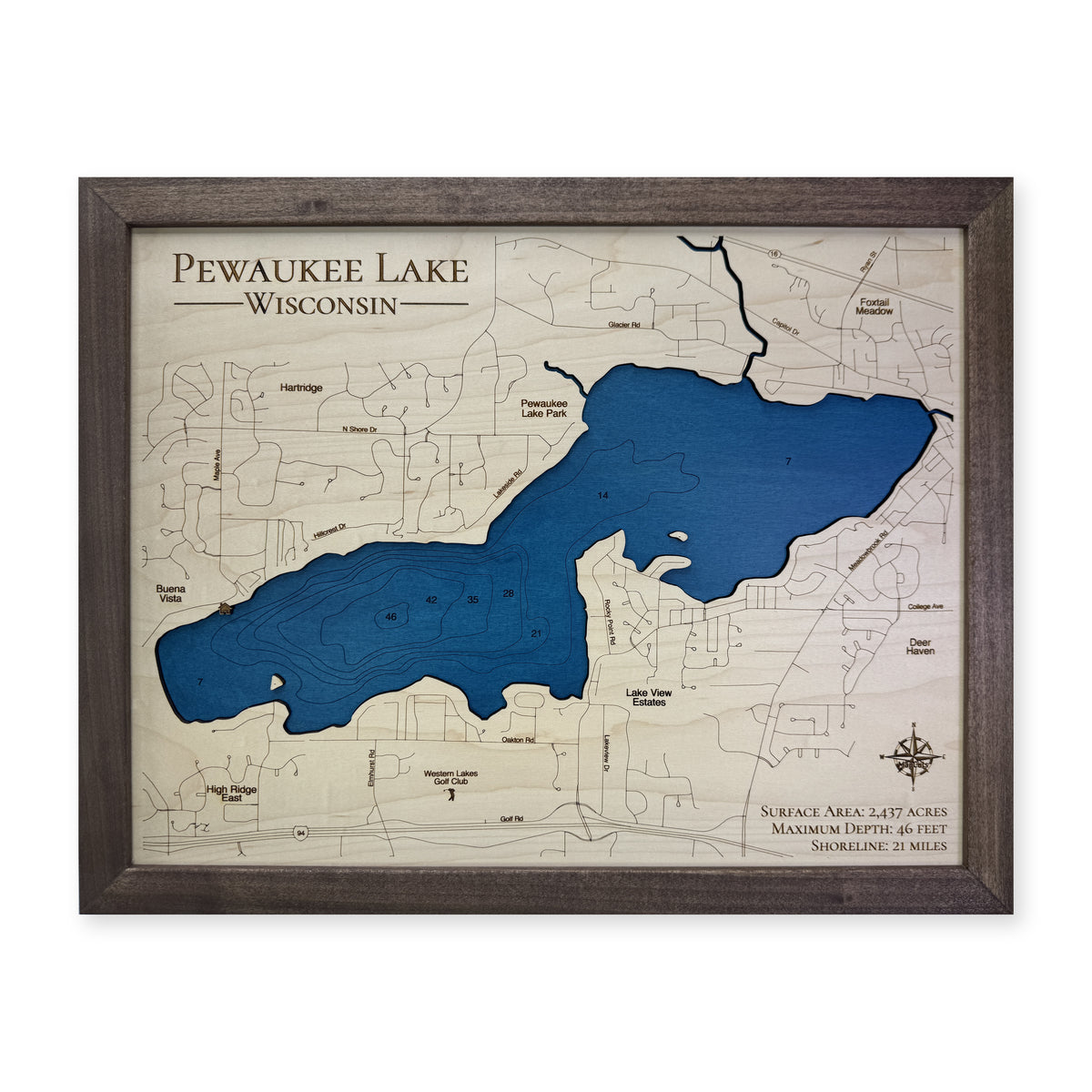 Pewaukee Lake Wood Map — plain-background photo [MC20261006 q0701 b8a3d510f099]