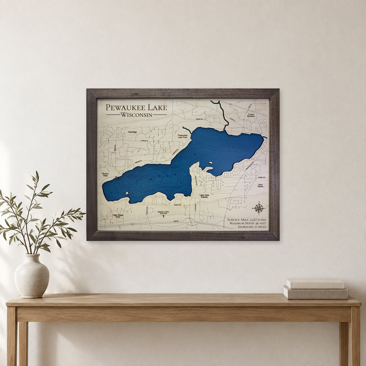 Pewaukee Lake Wood Map — room mockup [MC20261006 q0701 a7bcbe8eb219]