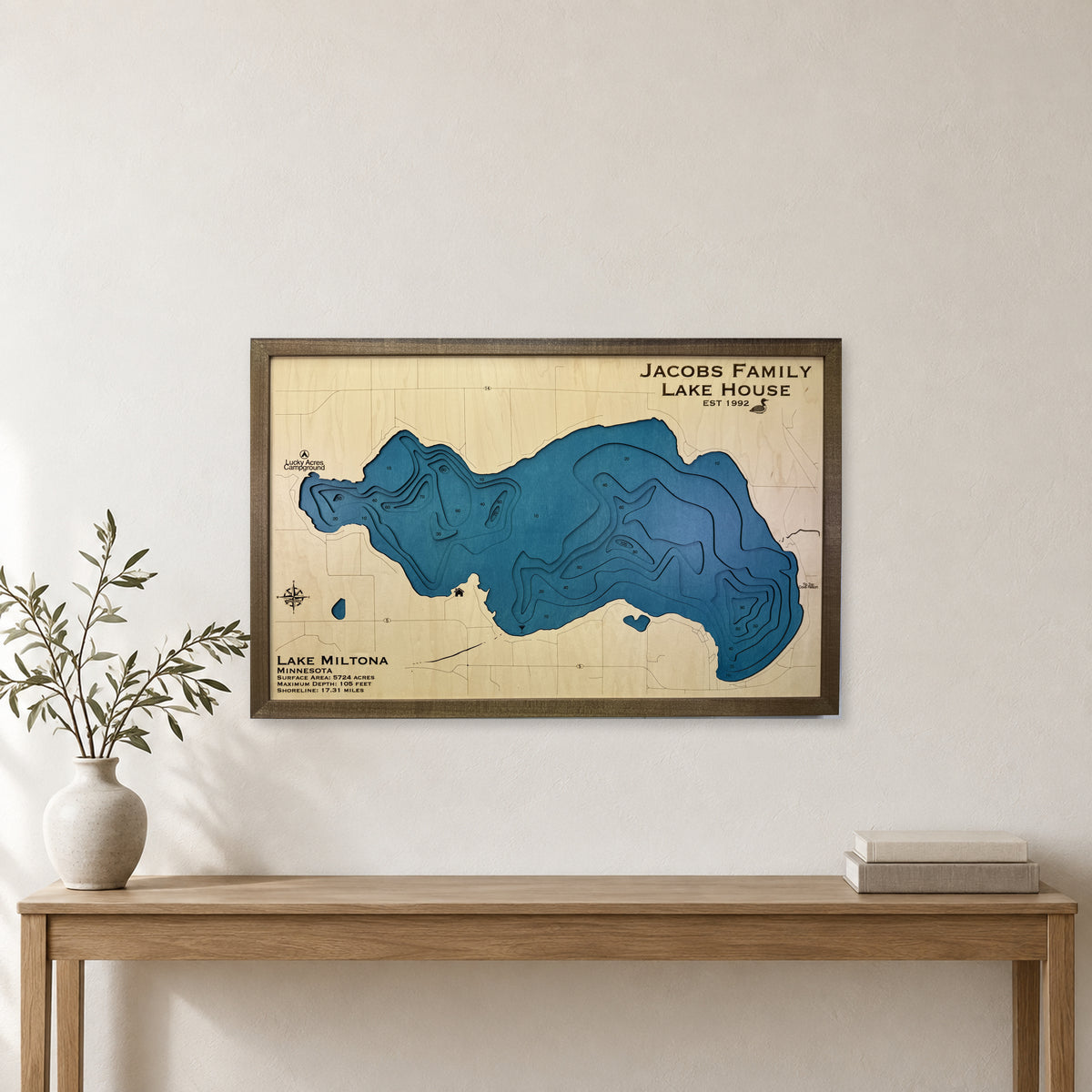 Lake Miltona, Minnesota Wood Map — room mockup [MC20261006 q0718 6b8cd18246e3]
