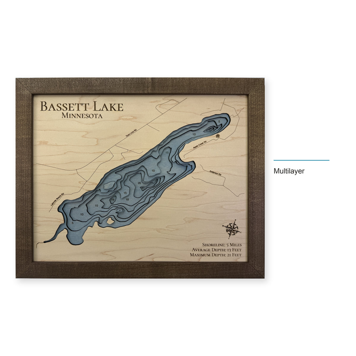 Bassett Lake, Minnesota Wood Map — style-labeled photo [MC20261006 q0728 6b9267fc8e01]