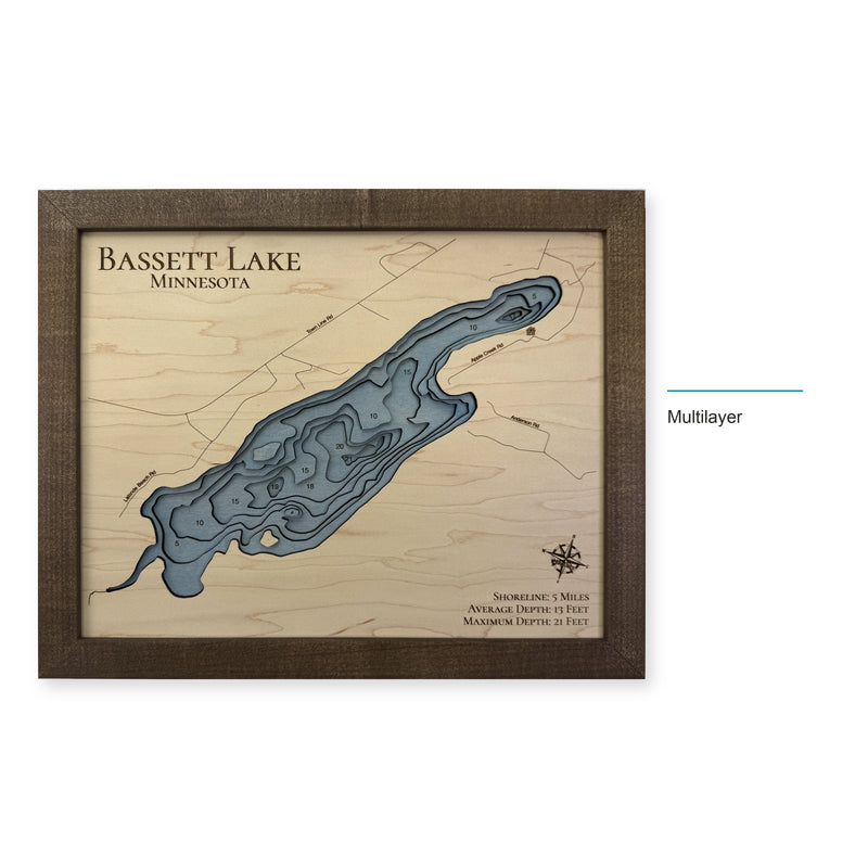 Bassett Lake, Minnesota Wood Map — style-labeled photo [MC20261006 q0728 6b9267fc8e01]