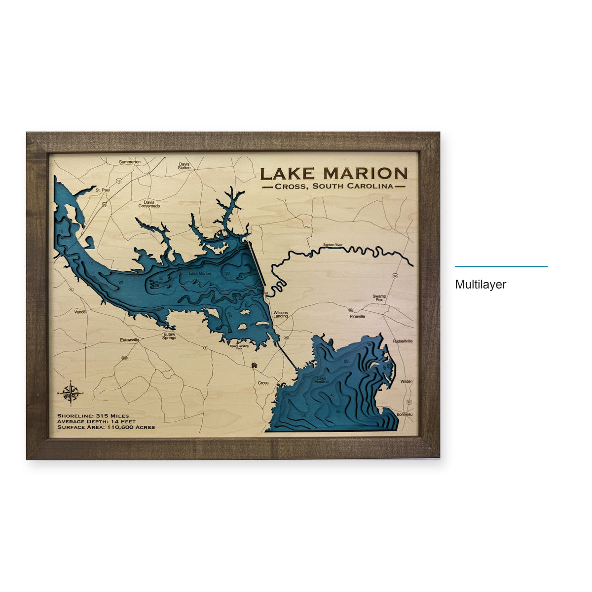 Lake Marion, Cross, South Carolina Wood Map — style-labeled photo [MC20261006 q0732 1526f82c51c5]
