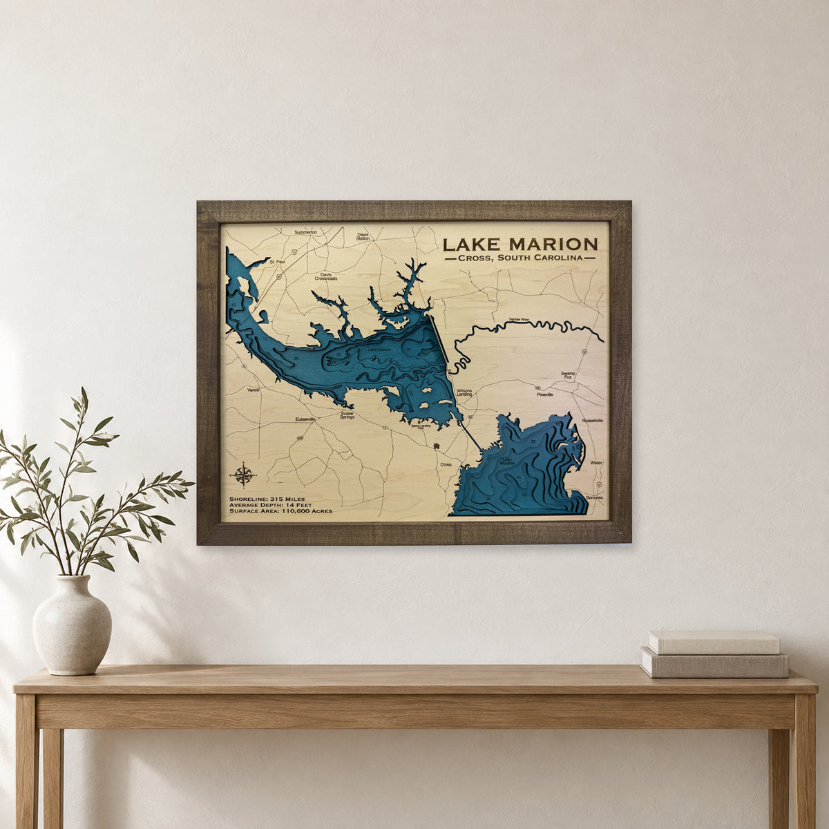 Lake Marion, Cross, South Carolina Wood Map — room mockup [MC20261006 q0732 1d06fd93c5b1]