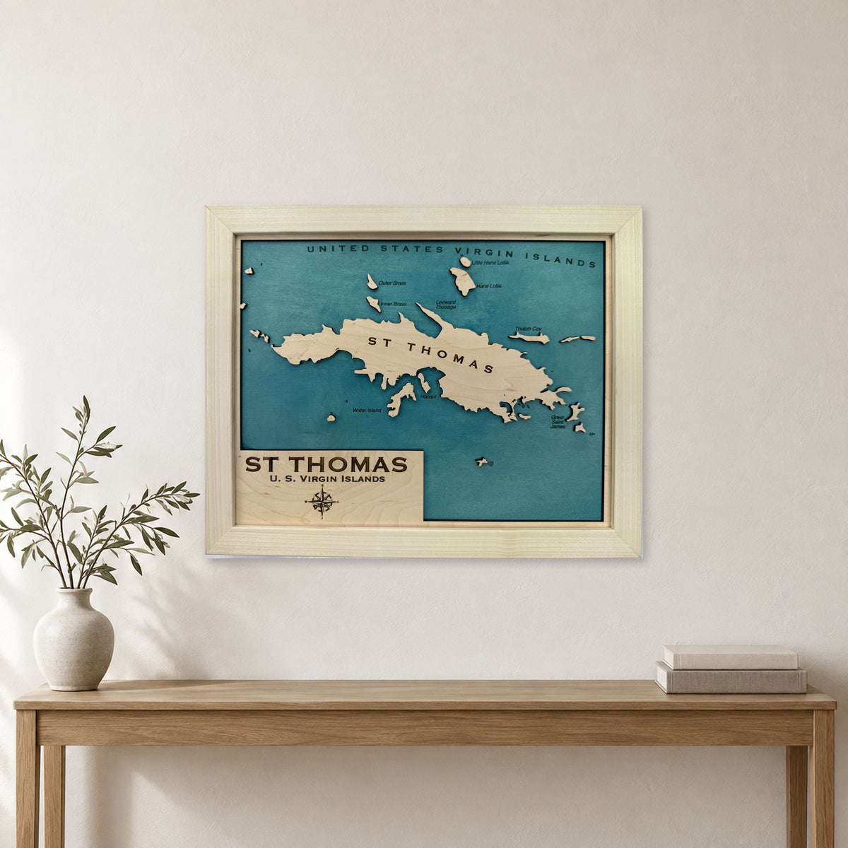 St Thomas, US Virgin Islands Wood Map — room mockup [MC20261006 q0734 e940e66605ca]
