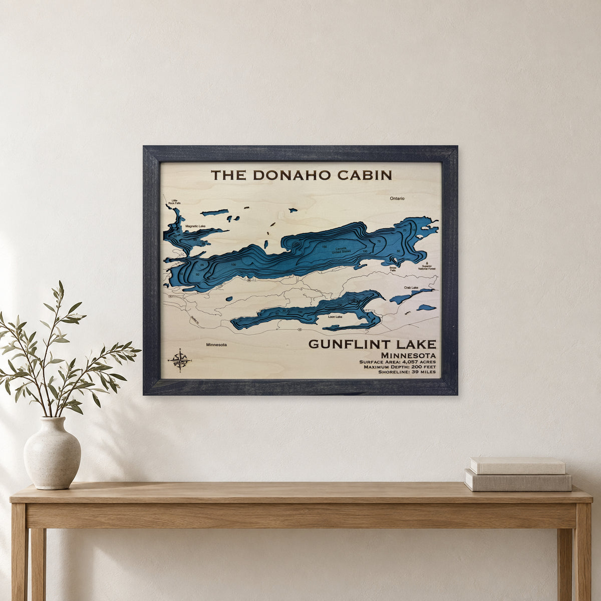 Gunflint Lake, Minnesota Wood Map — room mockup [MC20261006 q0736 69a70f5d4697]