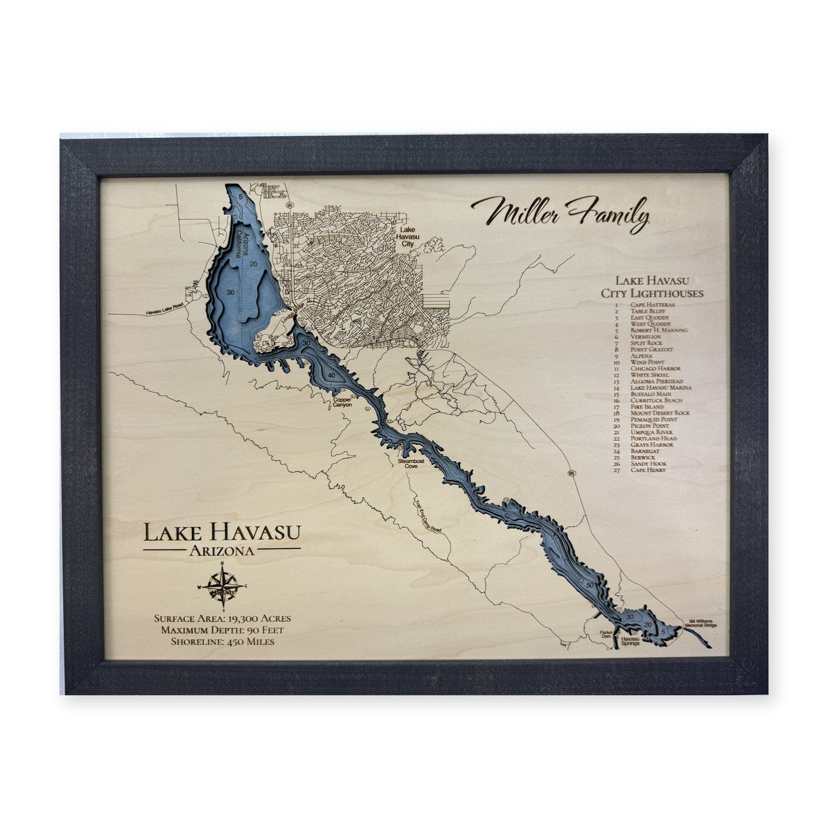 Lake Havasu Miller Family Lighthouses Wood Map — Multilayer main photo [MC20261006 q0739 ae690e8a5b32]