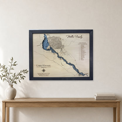 Lake Havasu Miller Family Lighthouses Wood Map — room mockup [MC20261006 q0739 e1d512840b4d]
