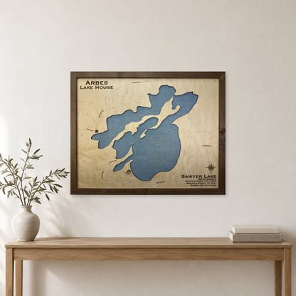 Sawyer Lake, Wisconsin Wood Map — room mockup [MC20261006 q0740 a45a37119667]