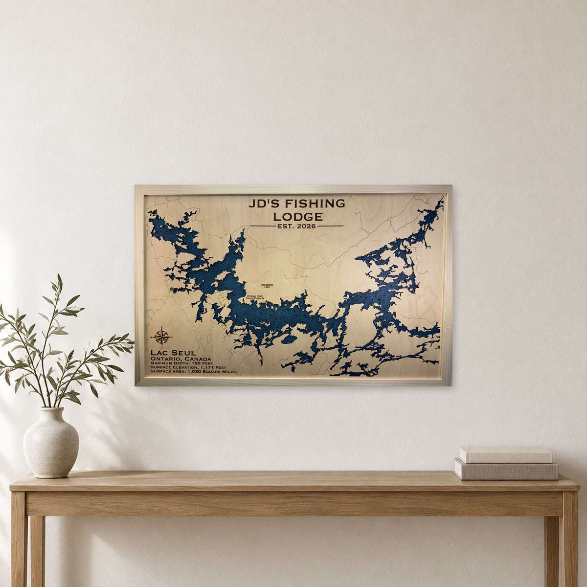 Lac Seul, Ontario, Canada Wood Map — room mockup [MC20261006 q0775 7a399a65bd7d]