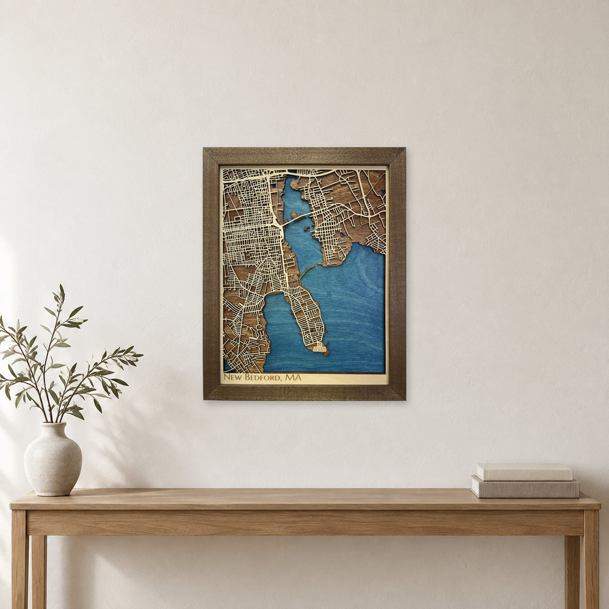 New Bedford, Massachusetts Wood City Map — room mockup [MC20261006 q0779 79c2c895b82a]