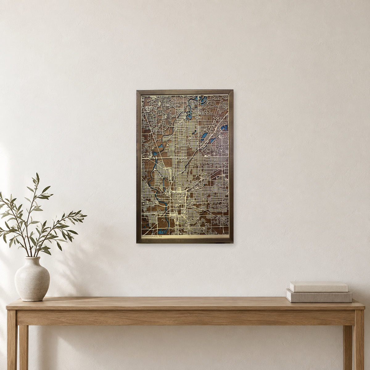 Indianapolis, Indiana Wood City Map — room mockup [MC20261006 q0781 66d48a89e319]