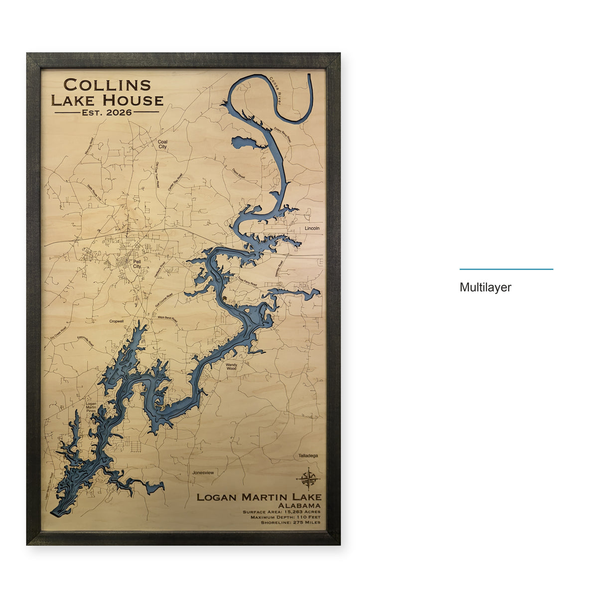 Logan Martin Lake, Alabama Wood Map — style-labeled photo [MC20261006 q0828 ab5bb98e7354]