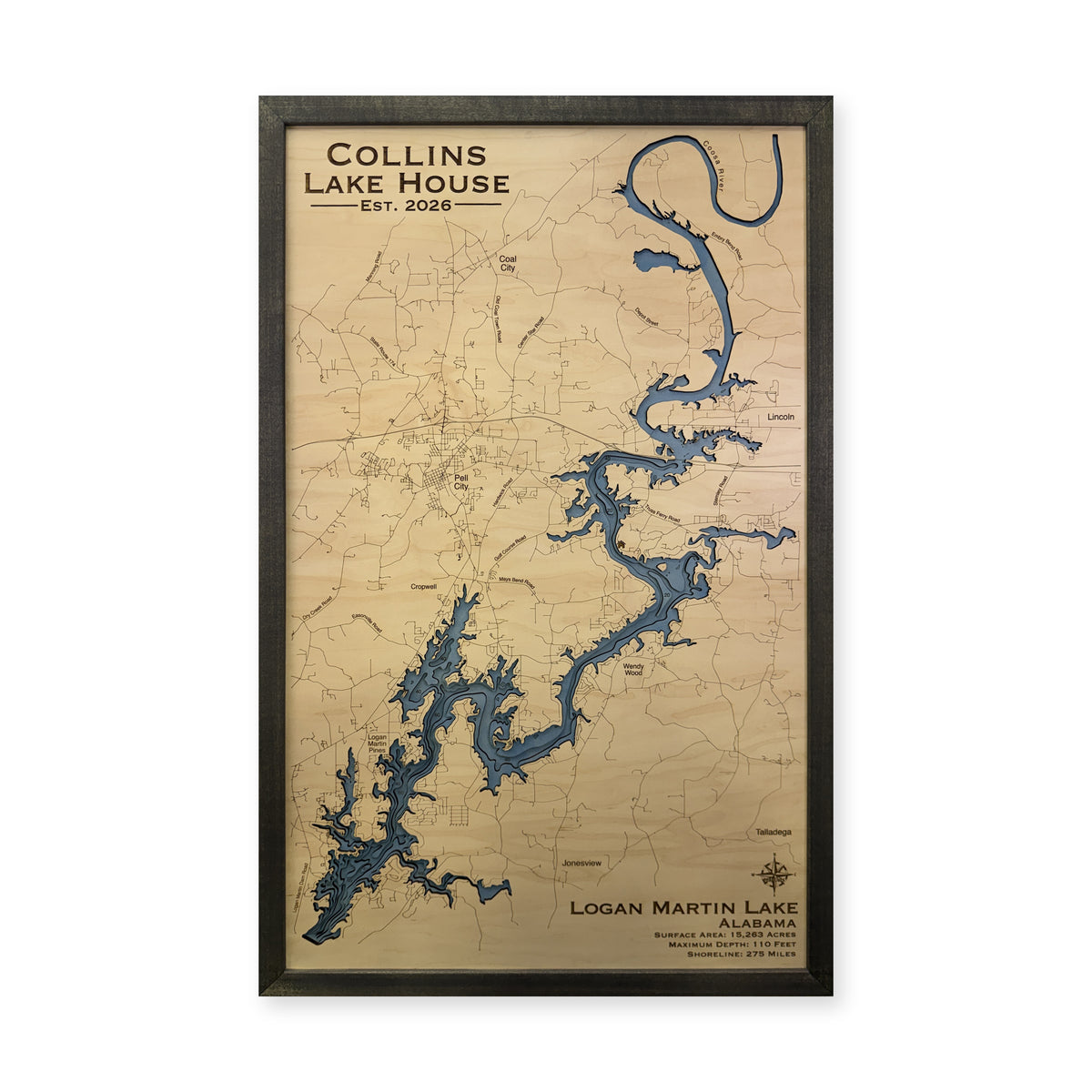 Logan Martin Lake, Alabama Wood Map — plain-background photo [MC20261006 q0828 397916442670]