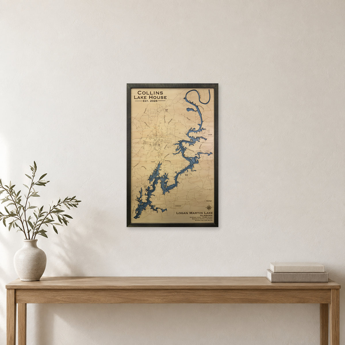Logan Martin Lake, Alabama Wood Map — room mockup [MC20261006 q0828 3f1521fd5f53]