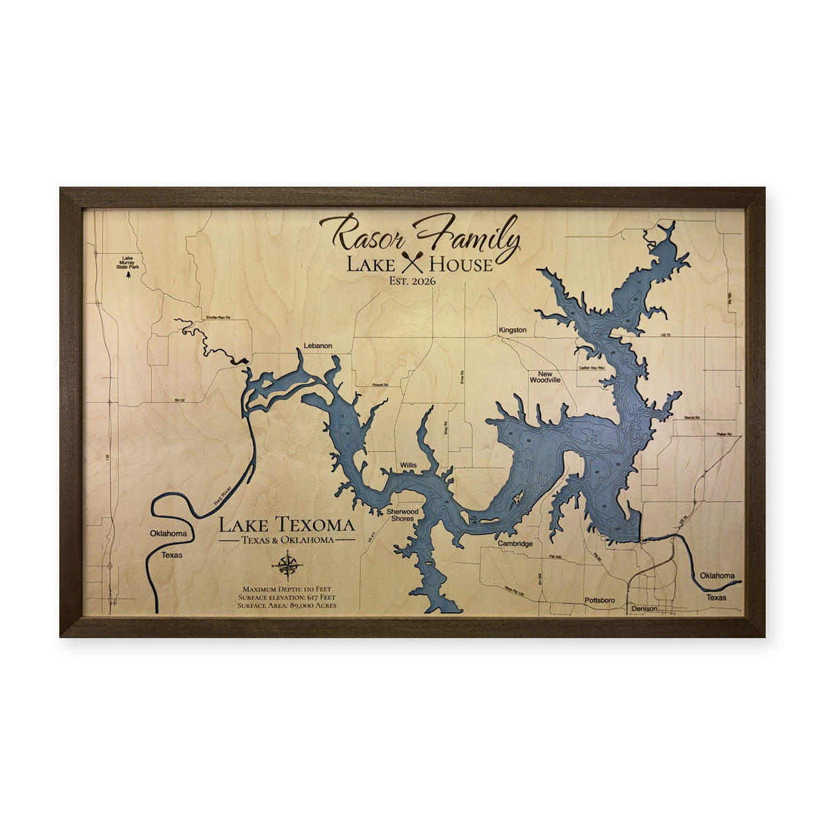 Lake Texoma, Oklahoma & Texas Wood Map — plain-background photo [MC20261006 q0832 1bca78ea0c8d]