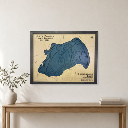 Grindstone Lake, Wisconsin Wood Map — room mockup [MC20261006 q0846 a5f0789b7569]