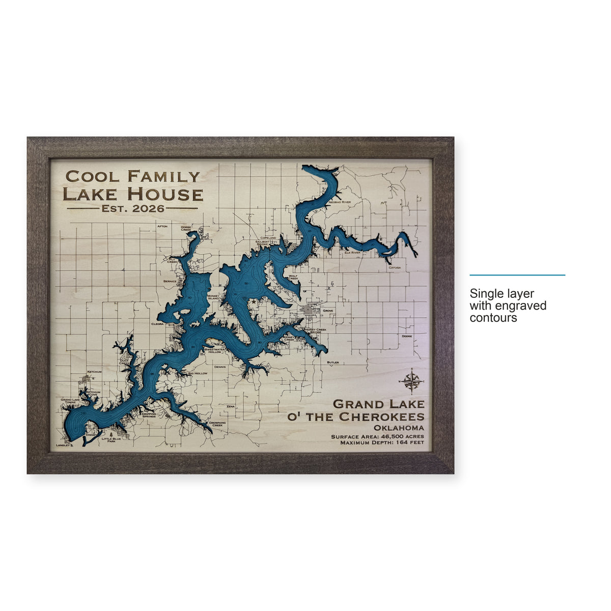Grand Lake, Oklahoma Wood Map — style-labeled photo [MC20261006 q0851 96764bba6dc9]