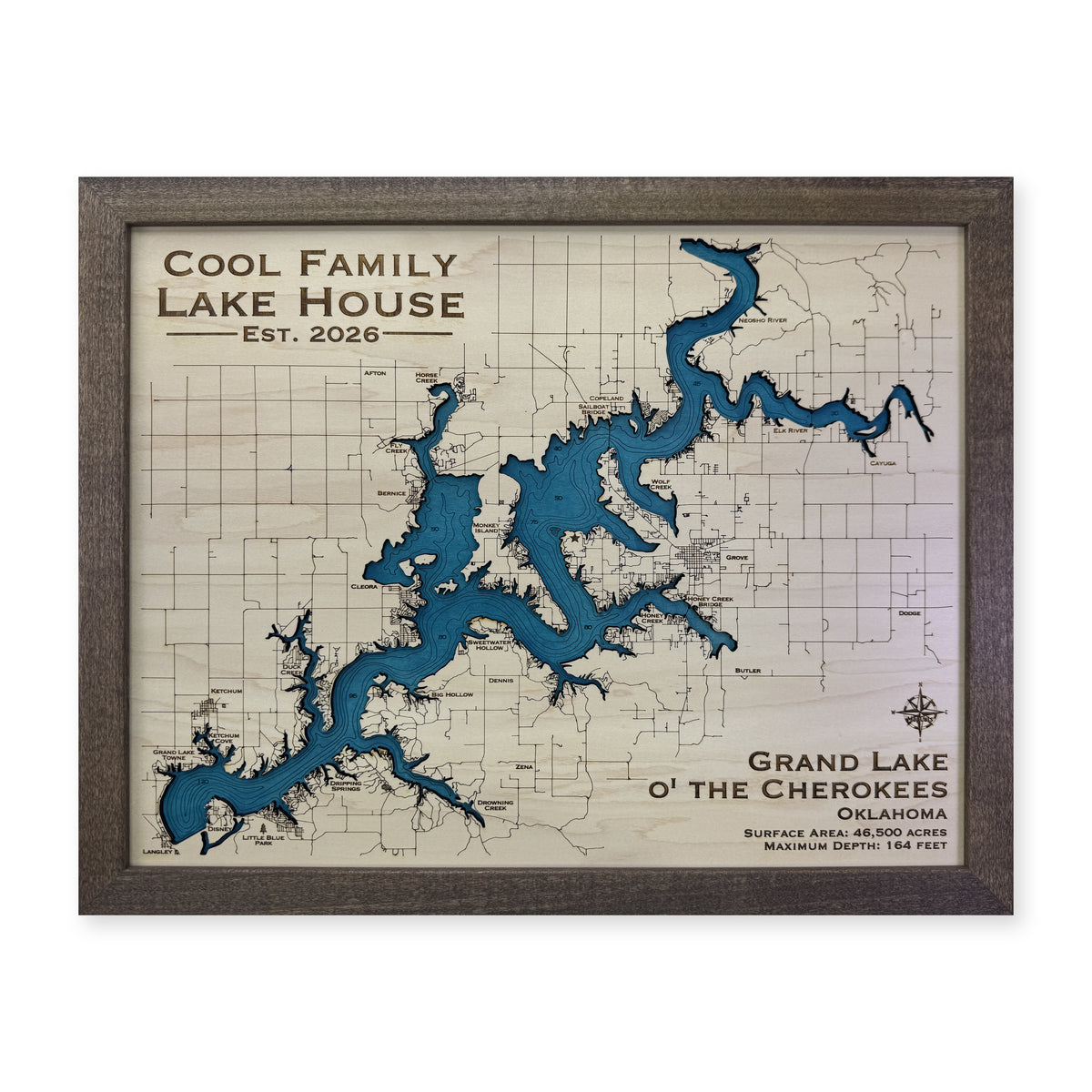 Grand Lake, Oklahoma Wood Map — plain-background photo [MC20261006 q0851 31c26deae8c5]
