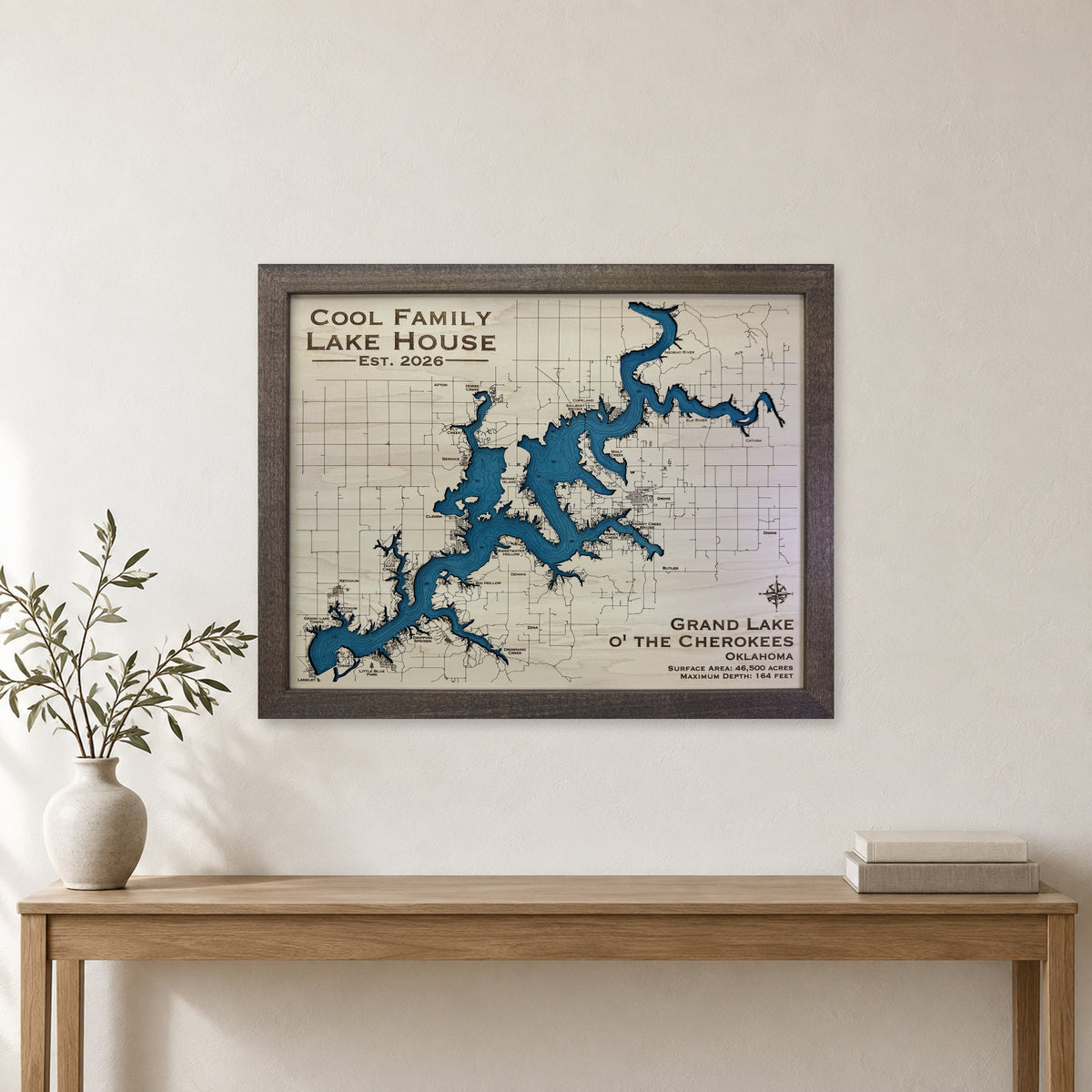 Grand Lake, Oklahoma Wood Map — room mockup [MC20261006 q0851 8718c7aa518c]