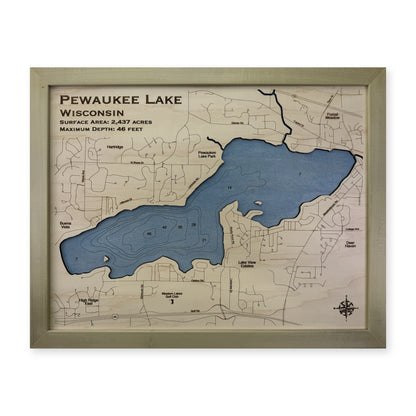 Pewaukee Lake Wisconsin Wood Map — 1 water layer with engraved contours main photo [MC20261006 q0886 e6b9209fd7be]