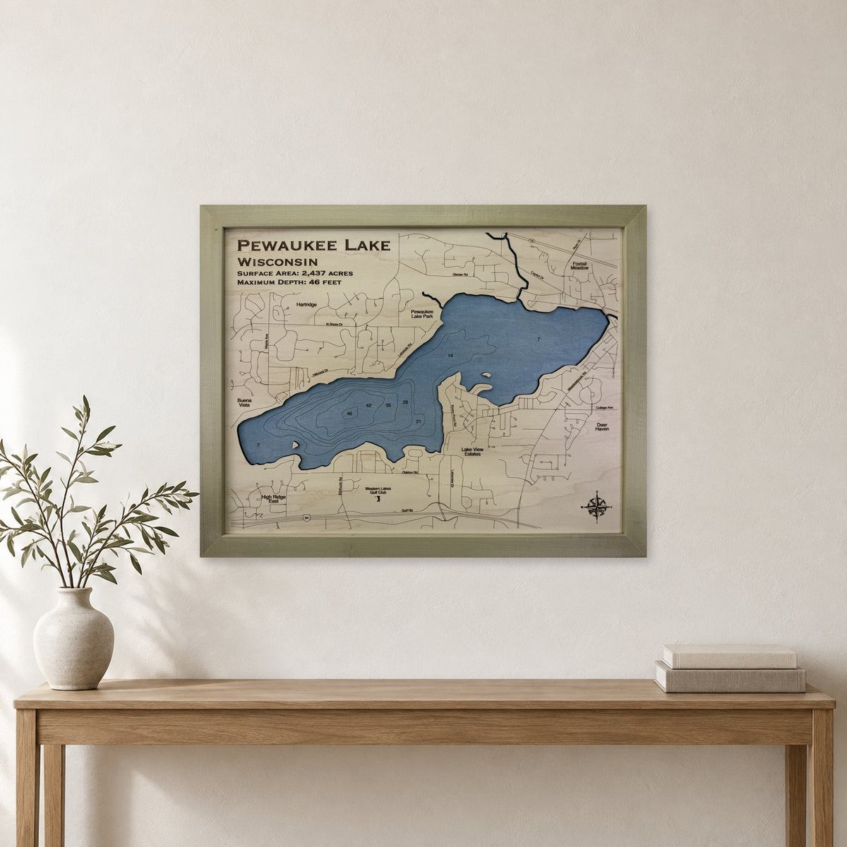 Pewaukee Lake Wisconsin Wood Map — room mockup [MC20261006 q0886 77b2e1be4a3f]