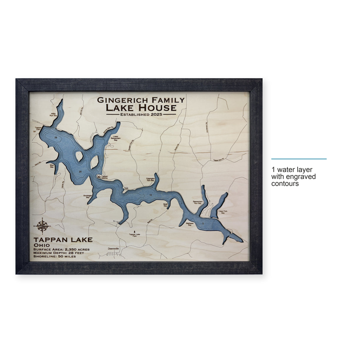 Tappan Lake Ohio Gingerich Charcoal Wide Engraved Water Wood Map — style-labeled photo [MC20261006 q0967 32deef8dd5ba]