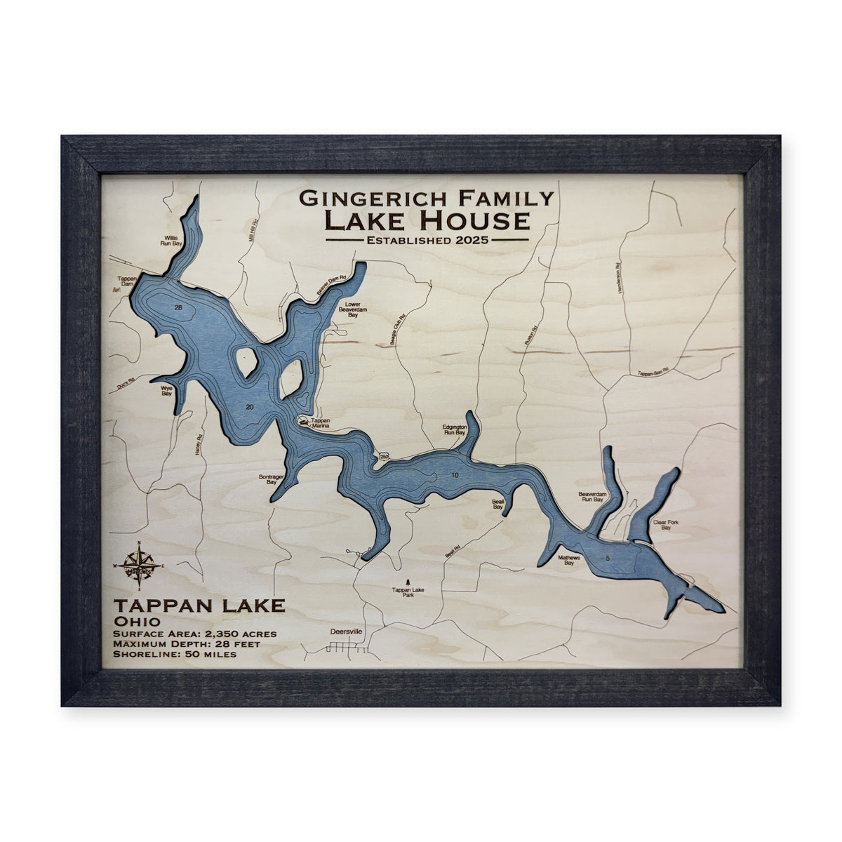 Tappan Lake Ohio Gingerich Charcoal Wide Engraved Water Wood Map — 1 water layer with engraved contours main photo [MC20261006 q0967 15d451b175c3]