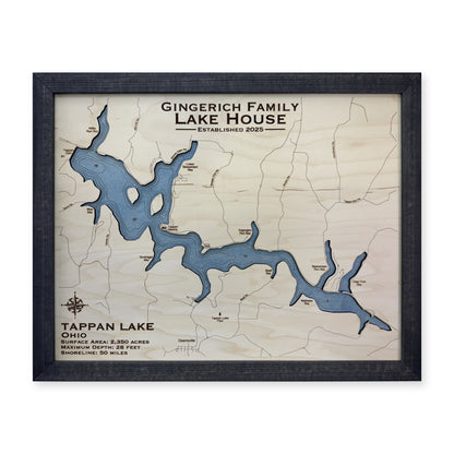 Tappan Lake Ohio Gingerich Charcoal Wide Engraved Water Wood Map — 1 water layer with engraved contours main photo [MC20261006 q0967 15d451b175c3]