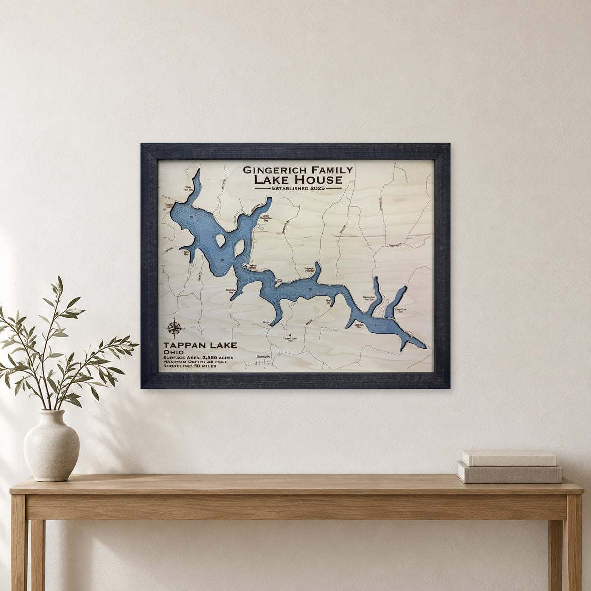 Tappan Lake Ohio Gingerich Charcoal Wide Engraved Water Wood Map — room mockup [MC20261006 q0967 04f1516488d8]