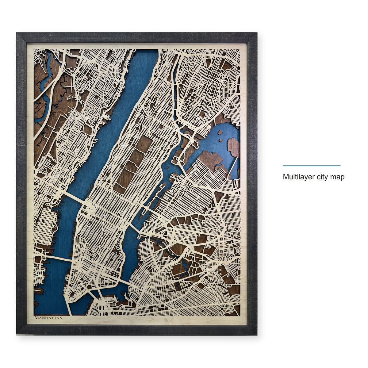 Manhattan New York Charcoal Frame Wood City Map — style-labeled photo [MC20261006 q1027 a14fbf20d17b]