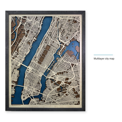 Manhattan New York Charcoal Frame Wood City Map — style-labeled photo [MC20261006 q1027 a14fbf20d17b]