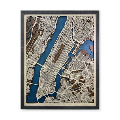 Manhattan New York Charcoal Frame Wood City Map — Multilayer city map main photo [MC20261006 q1027 7bfc547a9f95]