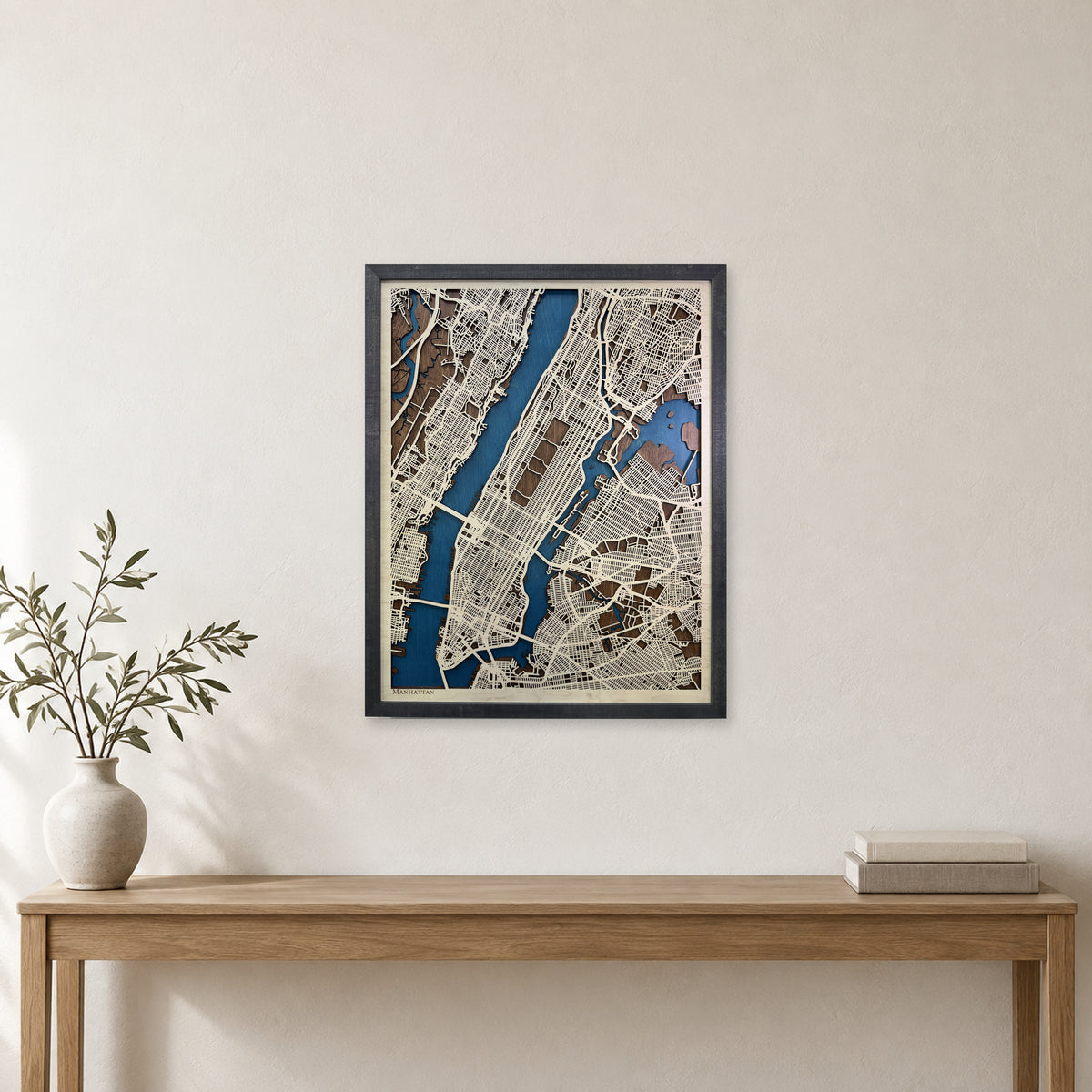 Manhattan New York Charcoal Frame Wood City Map — room mockup [MC20261006 q1027 859ecb8baff7]