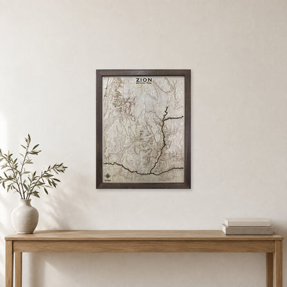 Zion National Park Wood Map — room mockup [MC20261006 q1139 dc261acc9311]