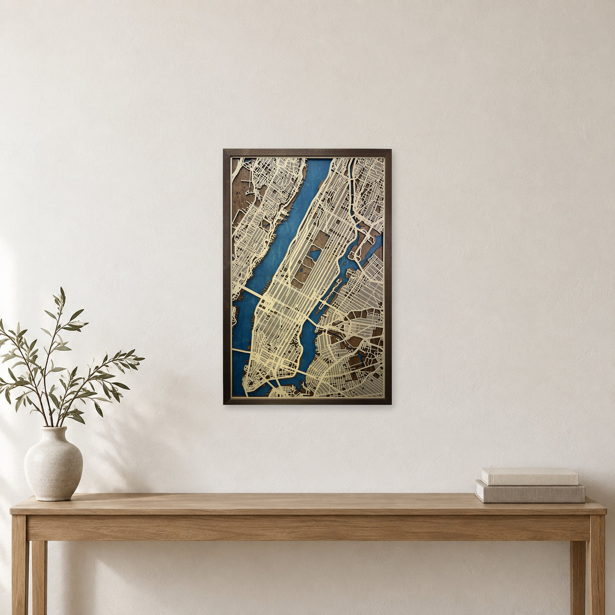 Manhattan, New York, Wood City Map — room mockup [MC20261006 q1179 70d4bf7cf56e]